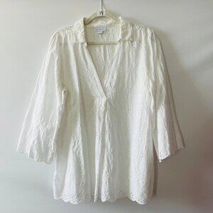 Liz Claiborne Womens White Embroidered Eyelet Boho Tunic Blouse Top Size XL